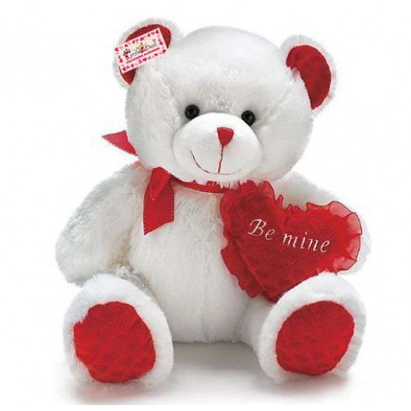 Cute 15 Inch White Teddy Bear holding red Be Mine Heart